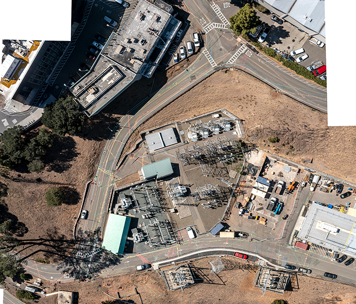 aerial photo above Lab showing electrical substation and roads